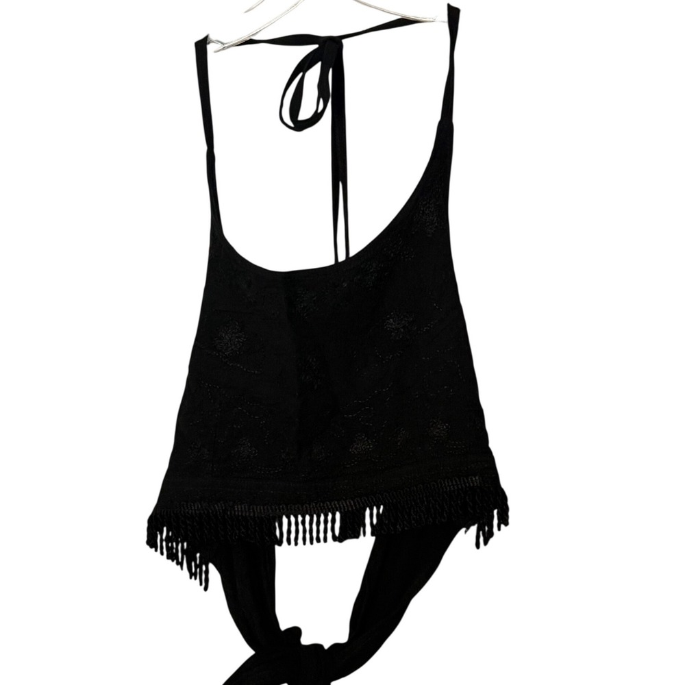 Halter Crop Top Black Floral Embroidered Fringe Tie Back Boho Festival Western